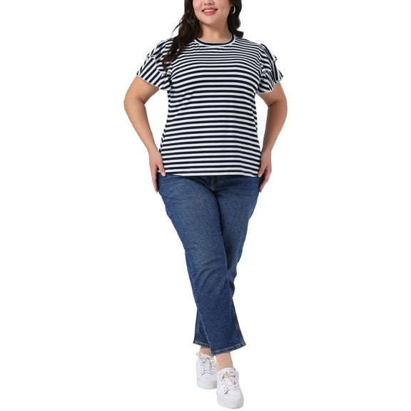 Agnes Orinda Women's Plus Size Striped Tops Round Neck Ruffle Short Sleeve T-Shirt Summer Casual Tunic Blouse 2X Navy Blue