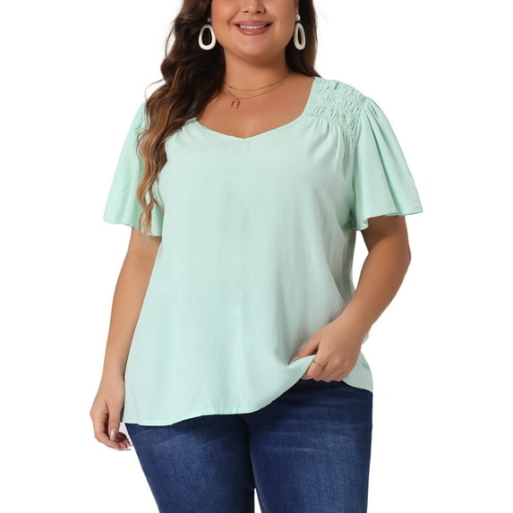 Agnes Orinda Women's Plus Size Casual Tops Ruffle Sleeve Smocked Shoulder V Neck Summer Chiffon Blouse 1X Light Green