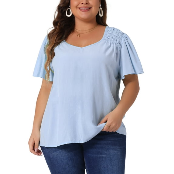 Agnes Orinda Women's Plus Size Casual Tops Ruffle Sleeve Smocked Shoulder V Neck Summer Chiffon Blouse 2X Blue