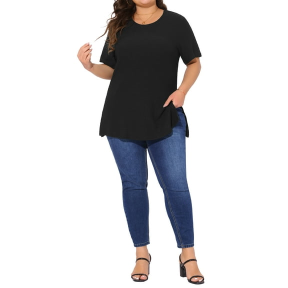 Agnes Orinda Women's Plus Size Tops Side Split Texture Crew Neck Short Sleeve T-Shirts Casual Tunic Blouse 3X Black