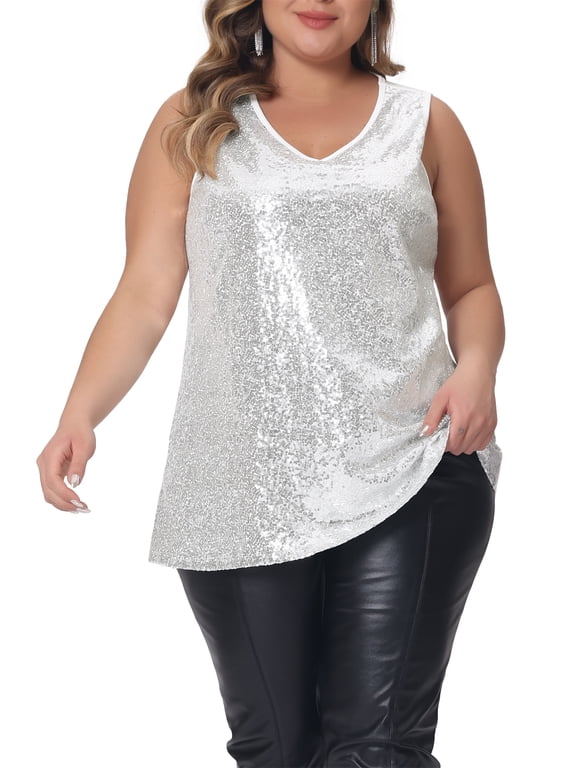 Women's Plus Size Tops Sleeveless Sparkle Shimmer Glitter Sequin V Neck Tank Top 2X Silver