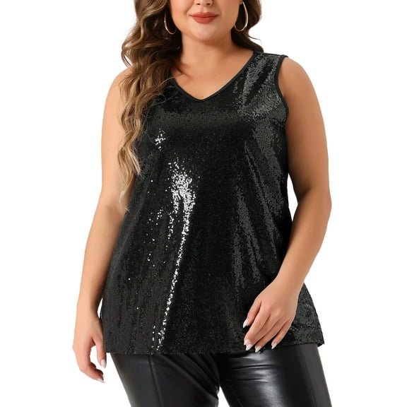 Agnes Orinda Women's Plus Size Tops Sleeveless Sparkle Shimmer Glitter Sequin V Neck Tank Top 3X Black