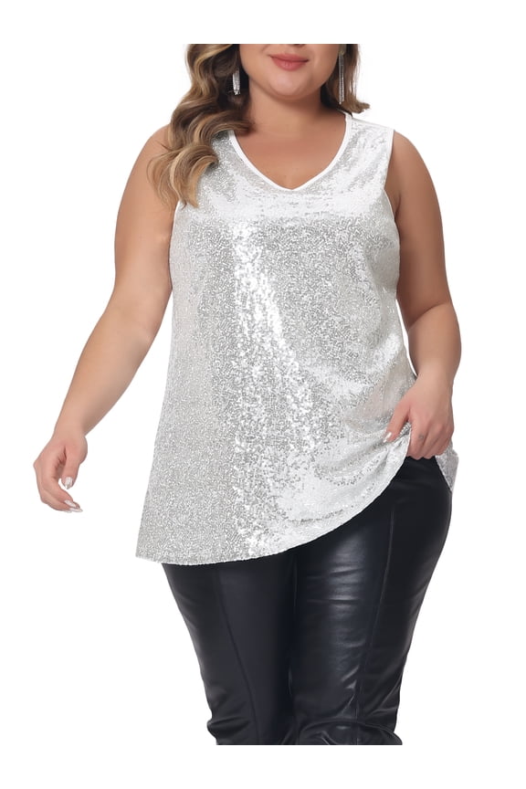 Women's Plus Size Tops Sleeveless Sparkle Shimmer Glitter Sequin V Neck Tank Top 3X Silver