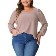 Agnes Orinda Plus Size Tops for Women Square Neck Hollow Long Sleeve Dressy Casual Eyelet Shirts 2X Dark Pink
