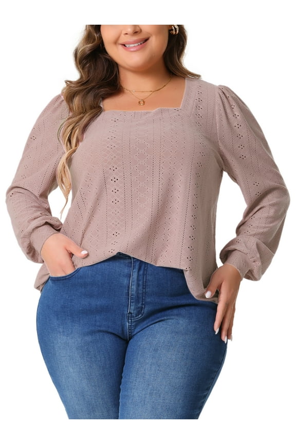 Women's Plus Size Tops Square Neck Hollow Long Sleeve Dressy Casual Eyelet Shirts 2X Dark Pink