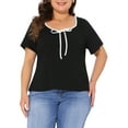 thumbnail image 1 of Agnes Orinda Women's Plus Size Tops Contrast Trim Tie Knot Square Neck Short Sleeve T-Shirts Casual Blouses 1X Black, 1 of 6