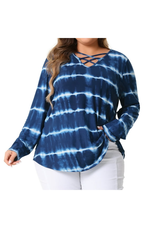 Plus Size Tops for Women Tie Dye Criss Cross V Neck Shirt Casual Basic Loose Fit Blouses
