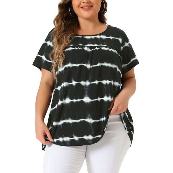 Agnes Orinda Women's Plus Size Tops Tie Dye Short Sleeve Casual Round Neck Pleated Summer Basic T Shirts 3X Black
