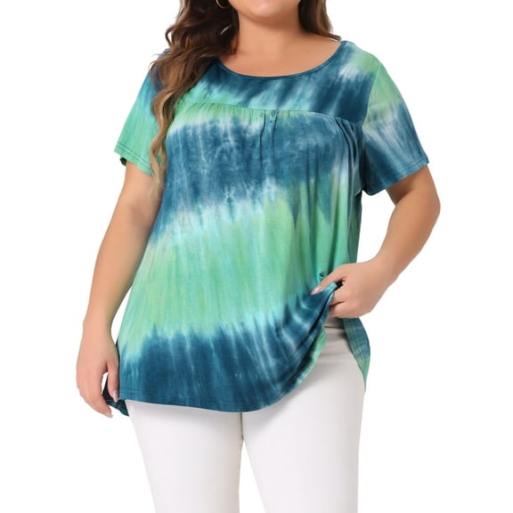 Agnes Orinda Women's Plus Size Tops Tie Dye Short Sleeve Casual Round Neck Pleated Summer Basic T Shirts 4X Blue Green