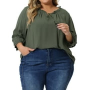 AGNES ORINDA Women's Plus Size Tops Tassel Flutter Self Tie V Neck 3/4 Sleeve Blouses 1X Army Green
