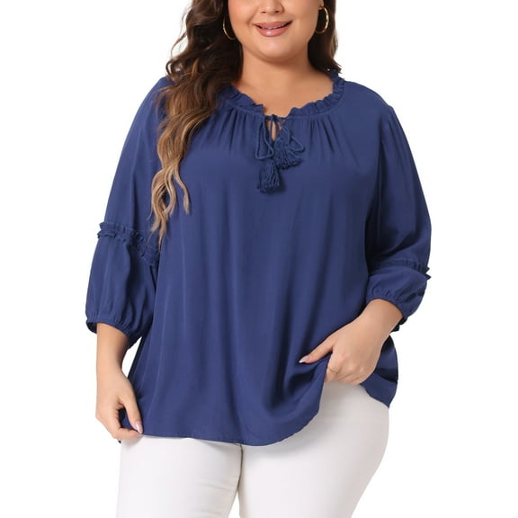 Agnes Orinda Women's Plus Size Tops Tassel Flutter Self Tie V Neck 3/4 Sleeve Blouses 4X Navy Blue