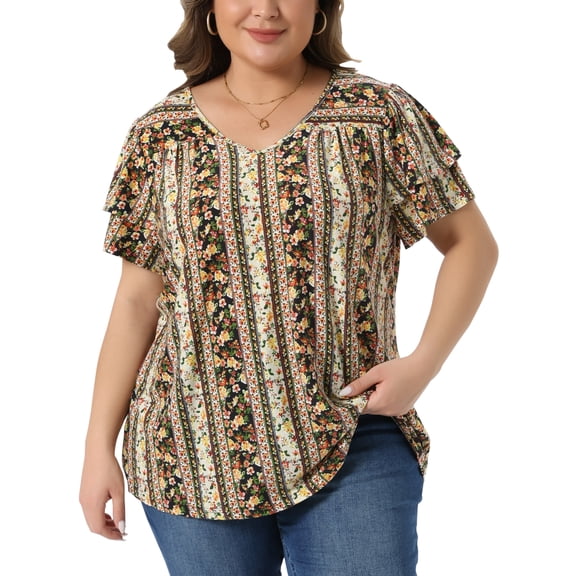 Agnes Orinda Women's Plus Size Boho Tops Floral V Neck Double Ruffle Sleeve Casual Summer Blouses 2X Black Yellow