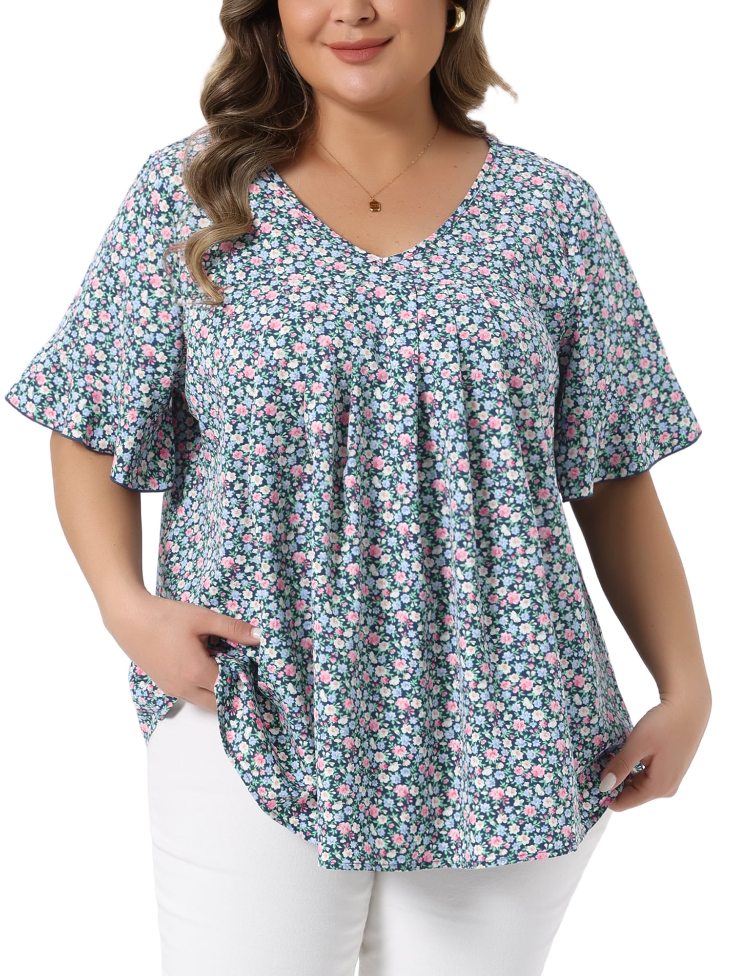 Agnes Orinda Women's Plus Size Floral Tops Pleated V Neck Flared Sleeve ...