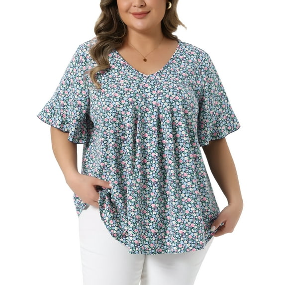 Agnes Orinda Women's Plus Size Floral Tops Pleated V Neck Flared Sleeve Casual Summer Blouses 2X Dark Green
