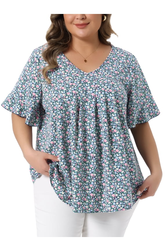 Women's Plus Size School College Floral Tops Pleated V Neck Flared Sleeve Casual Summer Blouses 4X Dark Green
