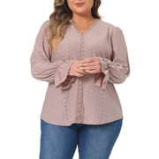 Agnes Orinda Plus Size Tops for Women V Neck Ruffle Long Sleeve Eyelet Lace Crochet Casual Hollow Blouses Tees 4X Pink