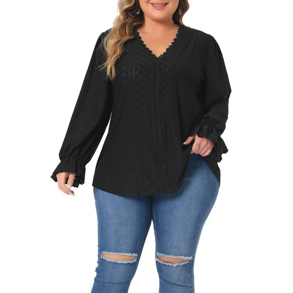 Agnes Orinda Plus Size Tops for Women V Neck Ruffle Long Sleeve Eyelet  Lace Crochet Casual Hollow Blouses Tees 4X Black