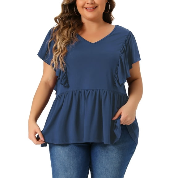 Agnes Orinda Women's Plus Size Valentines Day Tops V Neck Ruffle Sleeve Pleated Peplum Blouse 1X Navy Blue