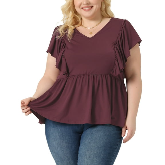 Agnes Orinda Women's Plus Size Valentines Day Tops V Neck Ruffle Sleeve Pleated Peplum Blouse 1X Purplish Red