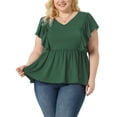 thumbnail image 1 of Agnes Orinda Women's Plus Size Valentines Day Tops V Neck Ruffle Sleeve Pleated Peplum Blouse 3X Green, 1 of 5