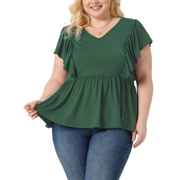 Agnes Orinda Women's Plus Size Valentines Day Tops V Neck Ruffle Sleeve Pleated Peplum Blouse 3X Green