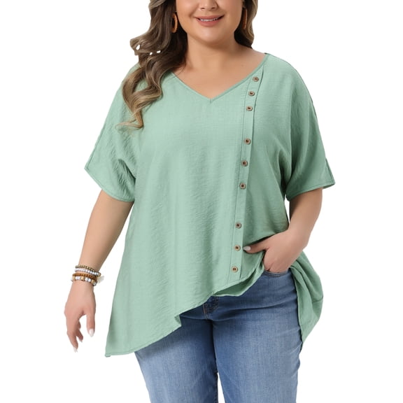 Agnes Orinda Women's Plus Size Tops Button Decor Irregular Hem V Neck Short Sleeve T-shirt Summer Casual Blouses 4X Green