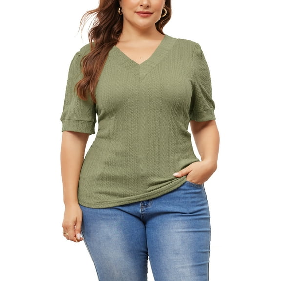 Agnes Orinda Plus Size Tops for Women V Neck Short Sleeve Pullover Knitted Casual Blouses 2X Grass Green