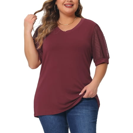 Agnes Orinda Women's Plus Size Tops V Neck Swiss Dots Puff Sleeve Casual Blouses Tee 1X Red