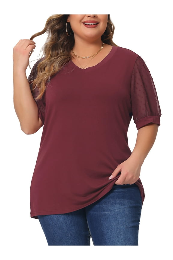Women's Plus Size Tops V Neck Swiss Dots Puff Sleeve Casual Blouses Tee 1X Red