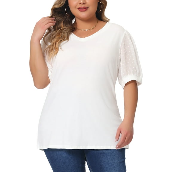 Agnes Orinda Women's Plus Size Tops V Neck Swiss Dots Puff Sleeve Casual Blouses Tee 3X White