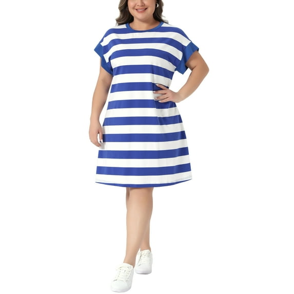 Agnes Orinda Plus Size Tunic Dress for Women 2026 Summer Short Sleeve Striped Casual t Shirt Dress 3X Royal Blue