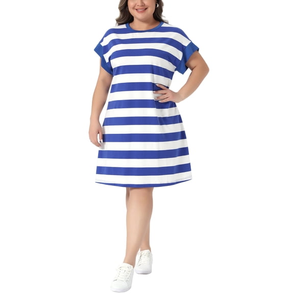 Agnes Orinda Plus Size Tunic Dress for Women 2025 Summer Short Sleeve Striped Casual t Shirt Dress 4X Royal Blue