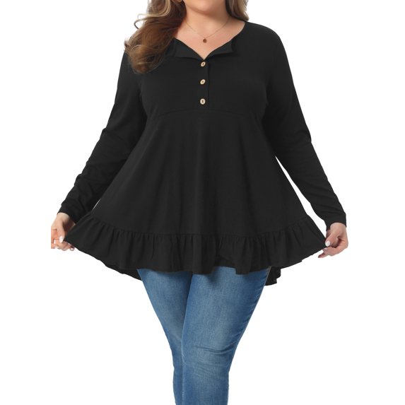 Agnes Orinda Plus Size Tunic Tops for Women Button V Neck Long Sleeve Ruffled Hem Swing Flowy Blouses 4X Black