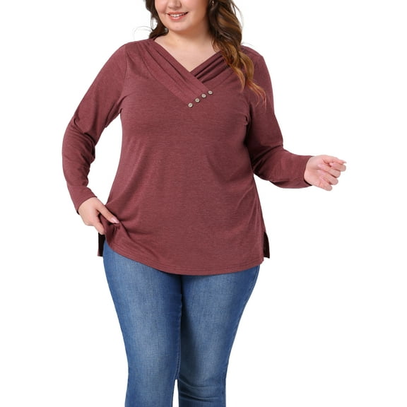 Agnes Orinda Plus Size Tunic Tops for Women  Long Sleeve V Neck Button Fall Pullover Shirt Loose Blouse 2X Burgundy