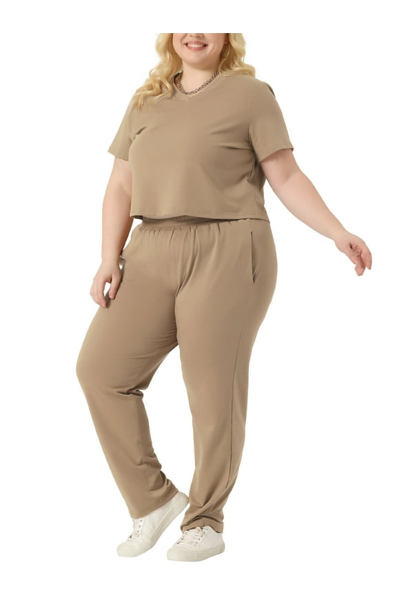 Women's Plus Size 2 Piece Outfit Short Sleeve V Neck Sweatshirt with Sweatpants Joggers Sports Suit 4X Khaki