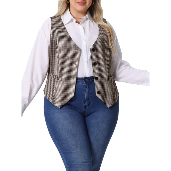 Agnes Orinda Plus Size Vest for Women Plaid Sleeveless Button with Pockets Vests 1X Brown