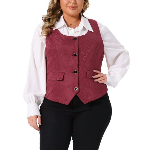 Agnes Orinda Plus Size Vest for Women Sleeveless Jacquard Jacket Steampunk Waistcoat 2X Burgundy