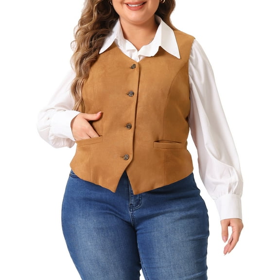 Agnes Orinda Women's Plus Size Vests V Neck Fully Lined Buttons Work Dressy Tuxedo Suit Vest Waistcoat 2X Brown