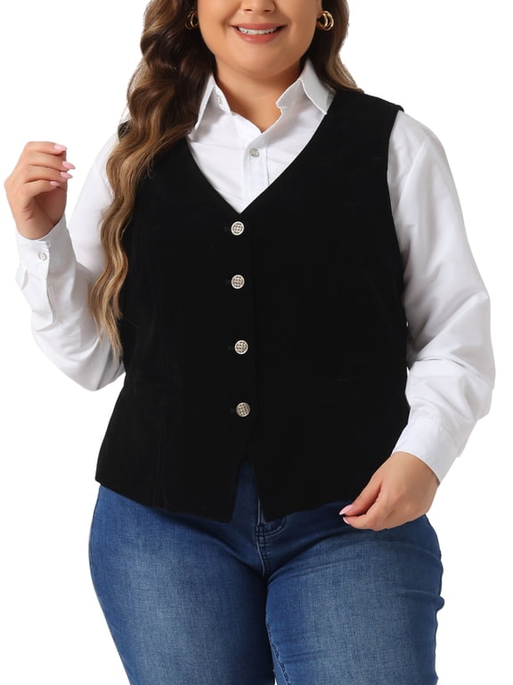 Plus Size Vests for Women Waistcoat Steampunk Velvet Sleeveless Button Down V Neck Suit Vests 3X Black
