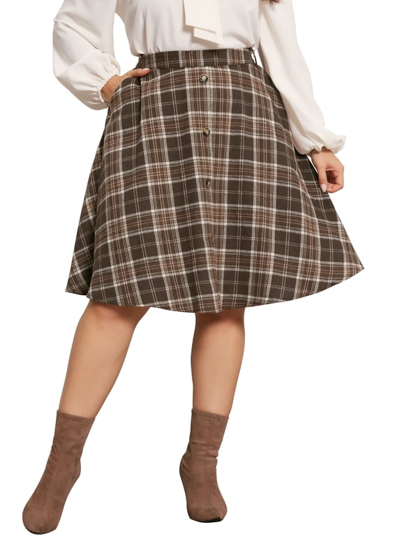 Women's Plus Size Halloween Outfits Vintage Skirt Plaid Button Front Elastic High Waist A-Line Skirts with Pockets 3X Brown