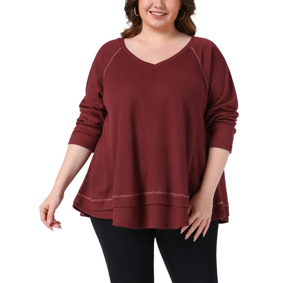 Agnes Orinda Plus Size Waffle Knitted Top for Women V Neck Long Sleeve Patchwork Hem Pullover Knit Sweater Blouses 1X Burgundy