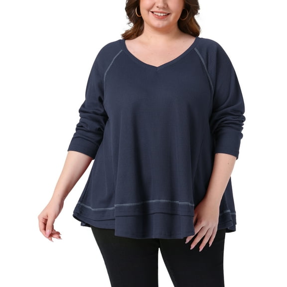 Agnes Orinda Plus Size Waffle Knitted Top for Women V Neck Long Sleeve Patchwork Hem Pullover Knit Sweater Blouses 1X Navy Blue