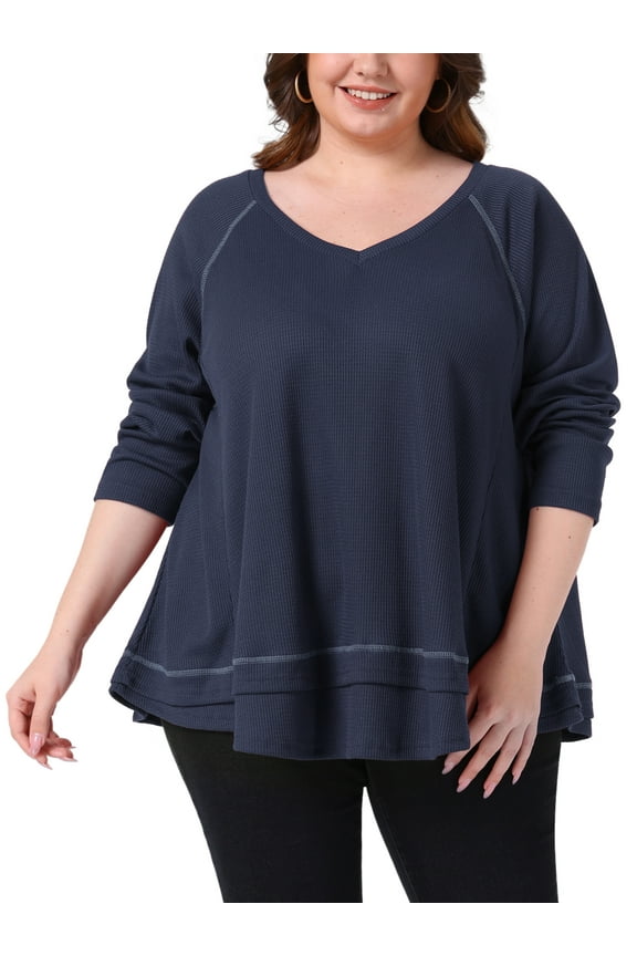 Plus Size Waffle Knitted Top for Women V Neck Long Sleeve Patchwork Hem Pullover Knit Sweater Blouses 4X Navy Blue