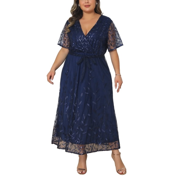 Agnes Orinda Women's Plus Size Wedding Guest Dress Sequin Printed Pattern Wrap V Neck Short Sleeve Cocktail Party Prom Long Dresses with Tie Waist 1X Navy Blue