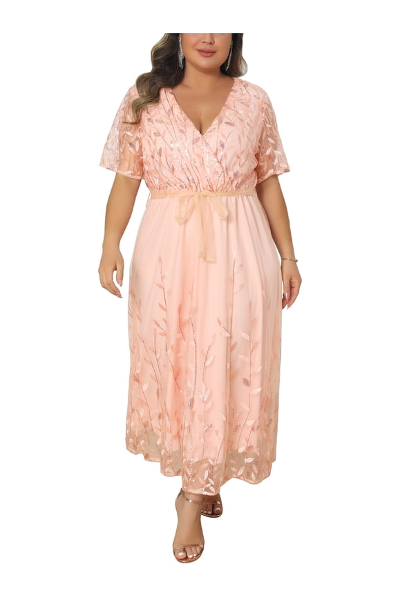 Women's Plus Size Wedding Guest Dress Sequin Printed Pattern Wrap V Neck Short Sleeve Cocktail Party Prom Long Dresses with Tie Waist 2X Champagne