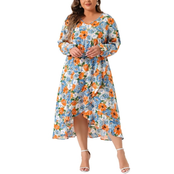 Agnes Orinda Plus Size Wedding Guest Maxi Dress for Curvy Women, Long Sleeve V Neck Chiffon Floral Long Dress with Belt 2X Beige