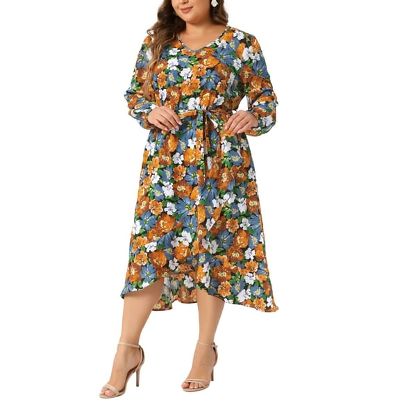 Agnes Orinda Plus Size Wedding Guest Maxi Dress for Curvy Women, Long Sleeve V Neck Chiffon Floral Long Dress with Belt 2X Black