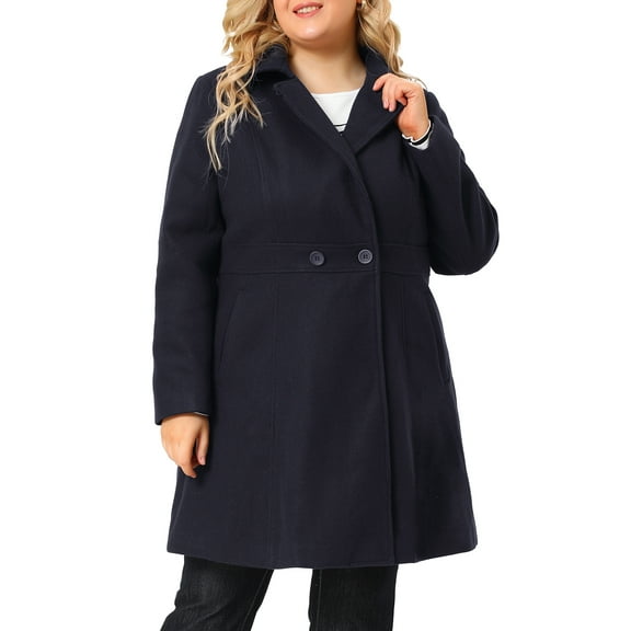 Agnes Orinda Women's Plus Size Winter Coats Notched Lapel Single Breasted Outerwear Elegant Long Trench Coat with Pocket 1X Dark Blue