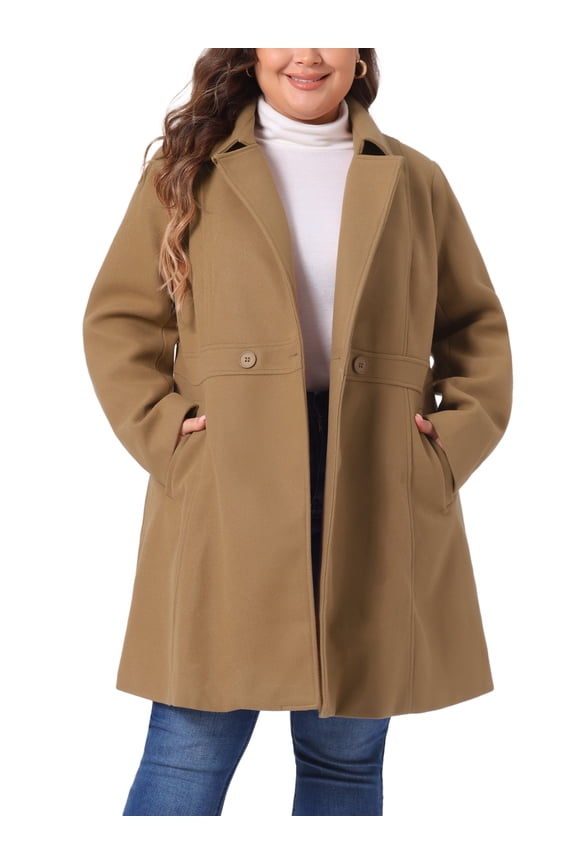 Women's Plus Size Winter Coats Notched Lapel Single Breasted Outerwear Elegant Long Trench Coat with Pocket 2X Camel