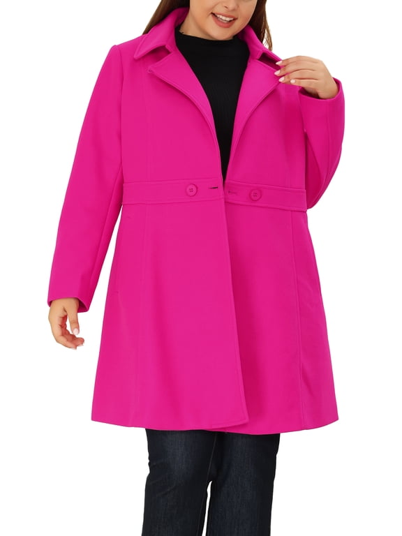 Women's Plus Size Winter Coats Notched Lapel Single Breasted Outerwear Elegant Long Trench Coat with Pocket 3X Hot Pink